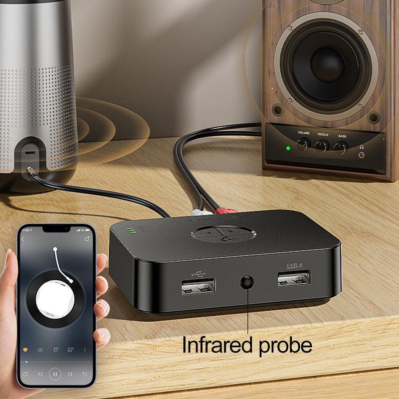 M2R Wireless Audio Receiver, Bluetooth 6.0 Transmitter & Receiver 2-in-1, Dual Link to 2 Phones, USB/U Disk/AUX/RCA Playback, Support Lossless Audio, IR Remote, for Home/Car Stereo Amplifier - Image 4